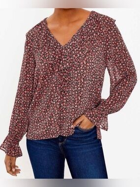 LOFT Ditsy Floral V-Neck Long Sleeve Blouse Ruffles Black Pink Red Work Medium